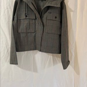 brown/black/grey plaid hooded jacket